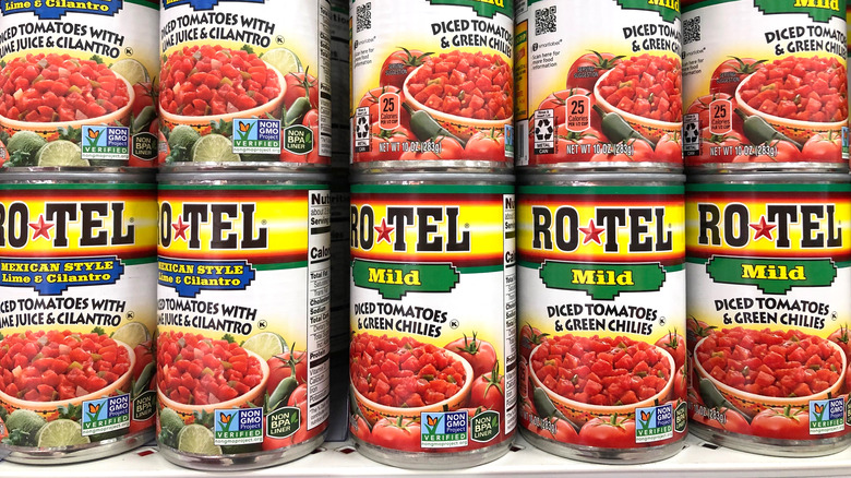 Canned Ro-Tel tomatoes on shelf