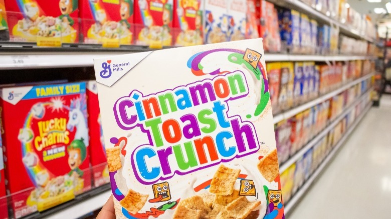 Box of Cinnamon Toast Crunch on cereal aisle 