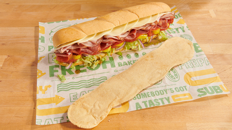 Subway footlong with BAKED Lay's footlong beside 