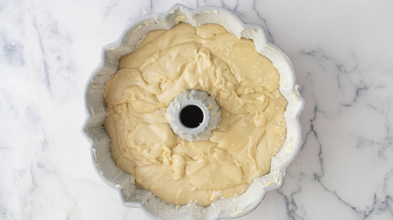 cake batter in bundt pan