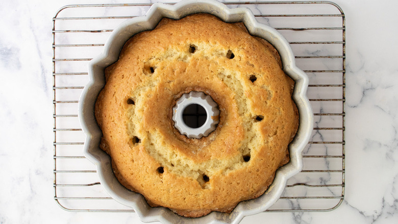 holey bundt cake in pan