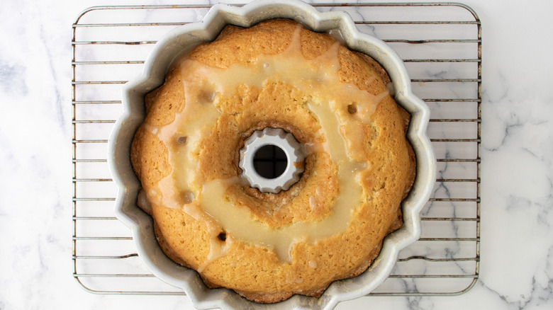 glazed bundt cake in pan