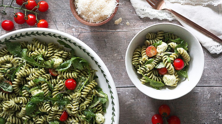 bowl of pesto pasta salad