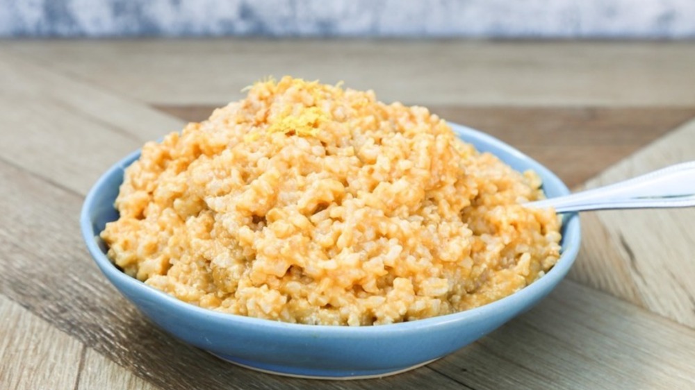 blue bowl of Parmesan risotto