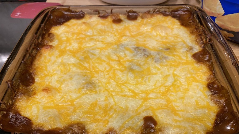 Prepared pan of chili-cheese-cream cheese dip