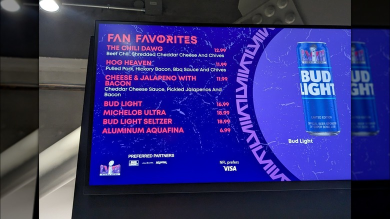 Super Bowl concessions menu