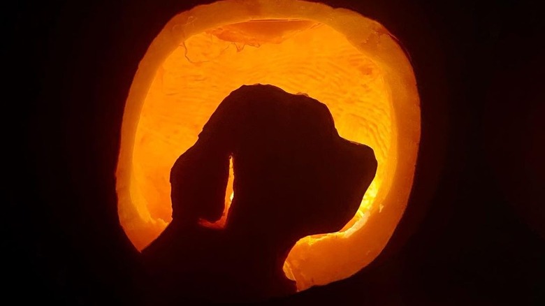 A pumpkin carved with the silhouette of a dog