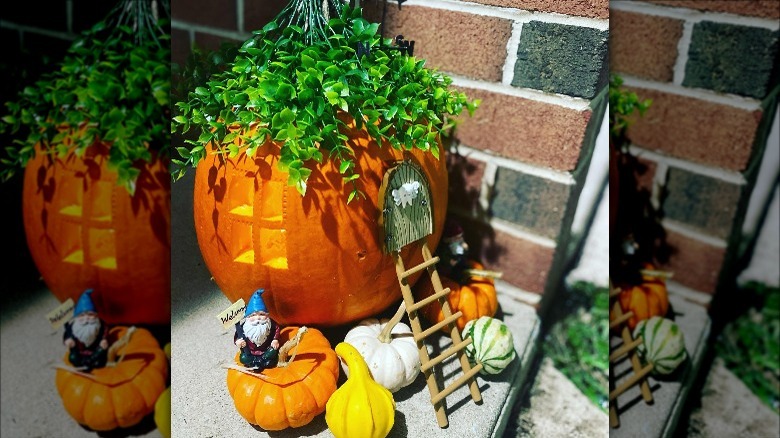 A pumpkin carved to look like a little home for gnomes