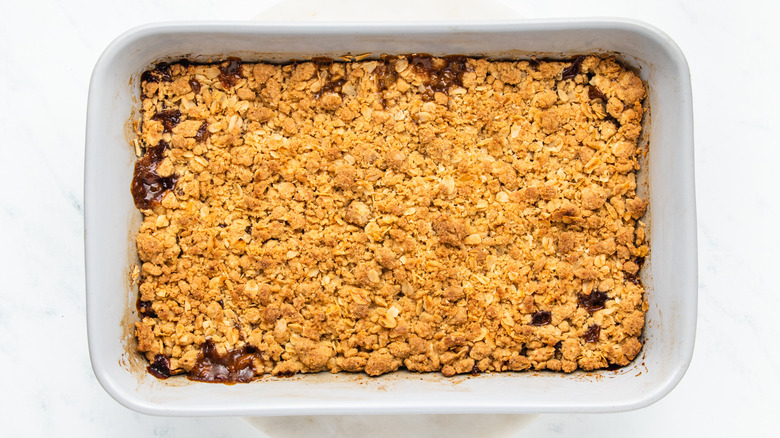 Pear crisp in baking dish