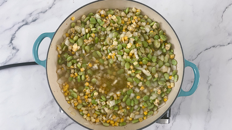 beans, corns, stock in pan