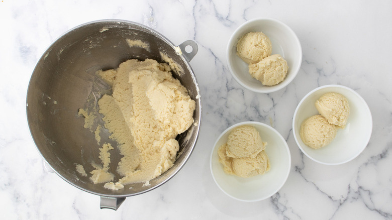 cookie dough in four bowls