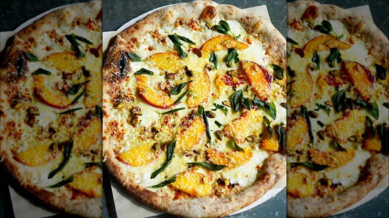 mozzarella, fresh peaches, aged Gouda, pistachios, and crispy sage pizza