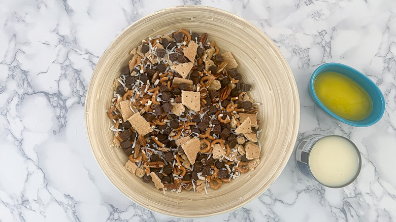 bowl of pretzels, chocolate, graham crackers