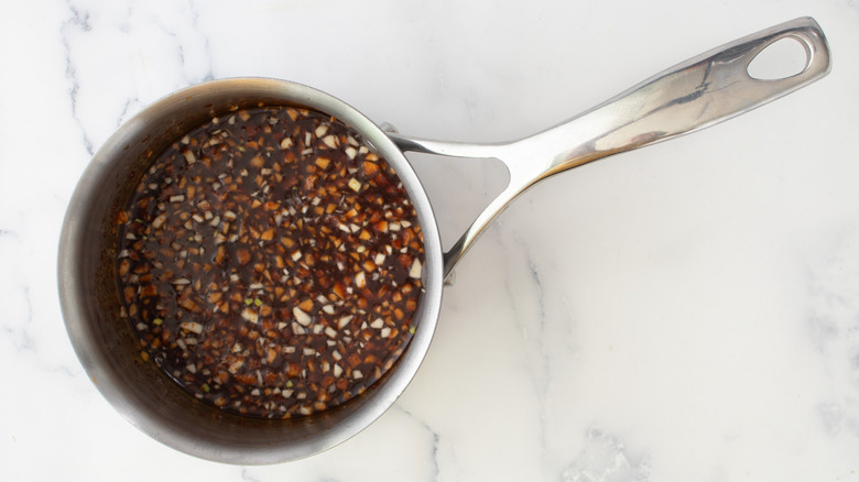 whisked glaze ingredients in saucepan