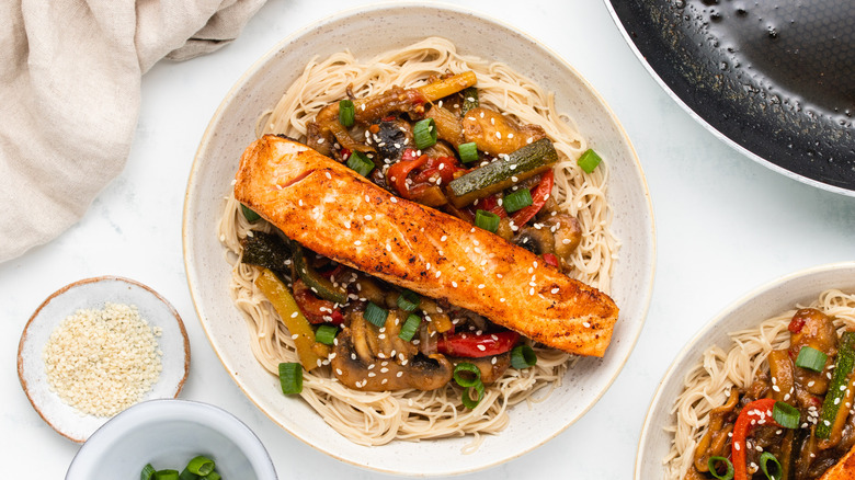 Salmon stir-fry in a bowl