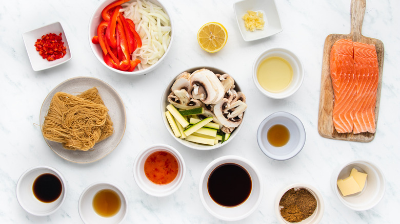 Salmon stir-fry ingredients laid out