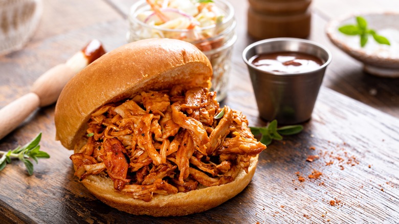 BBQ pulled chicken sandwich on brioche bun