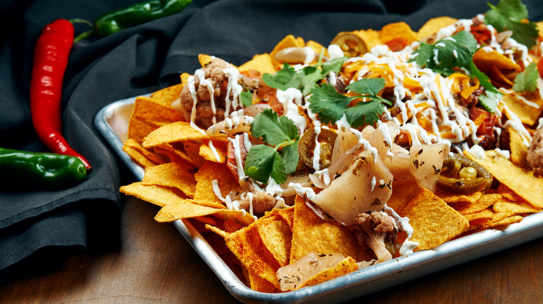 Nachos on a metal tray