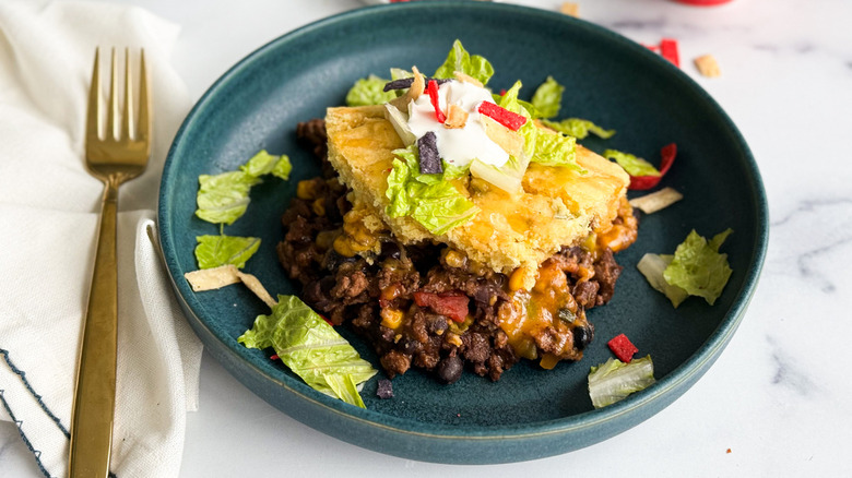 taco pot pie serving in a bowl