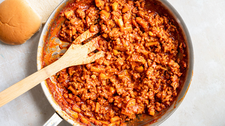 turkey apple sloppy joe mixture in skillet