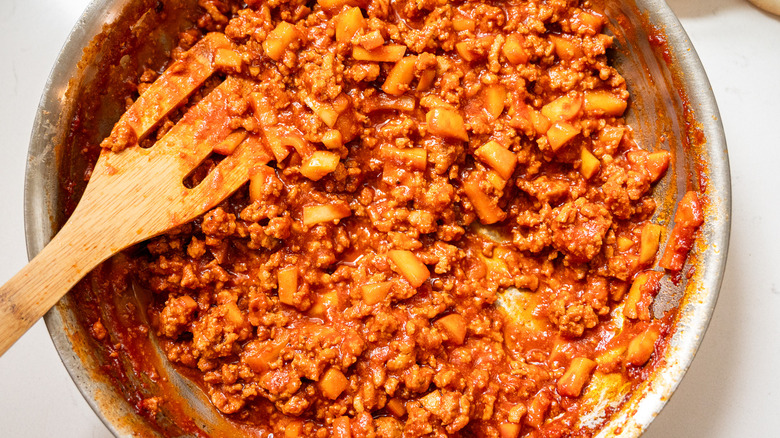 simmering sloppy joe mixture in skillet