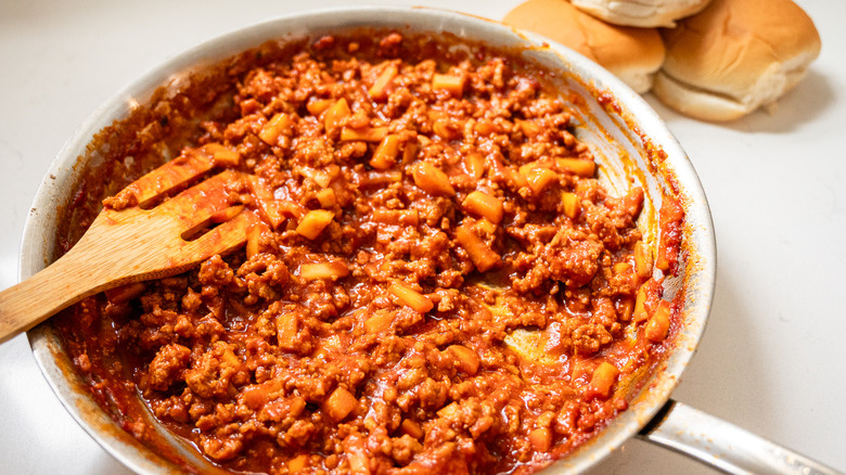 turkey apple sloppy joe mixture in skillet