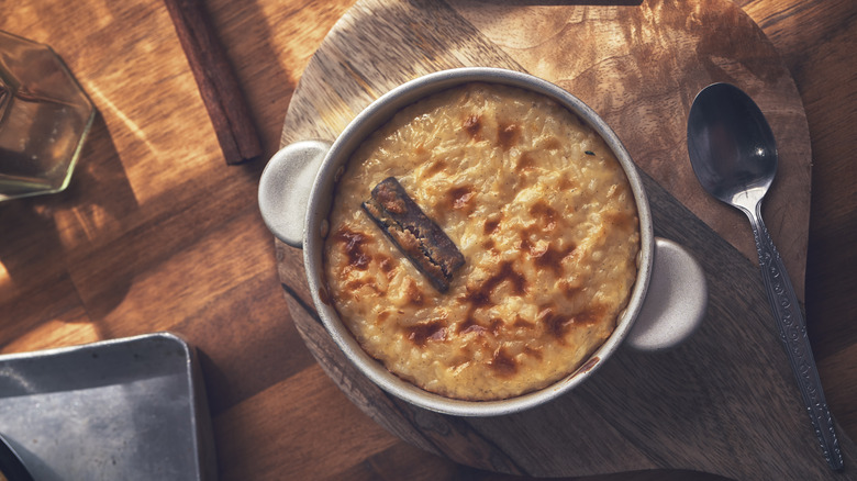 rice pudding on a wooden board