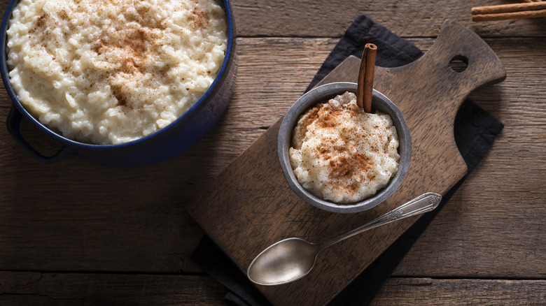 pot and bowl of rice pudding