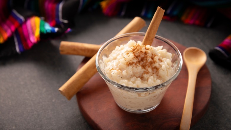 dish of rice pudding with cinnamon