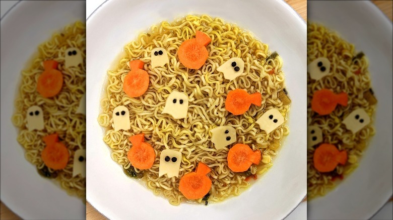 Ramen noodles with cheese ghosts