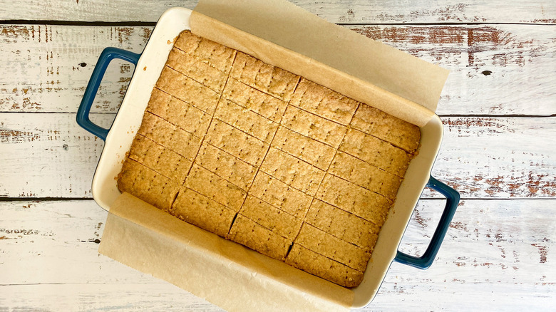 Finished Ted Lasso shortbread biscuits in baking pan