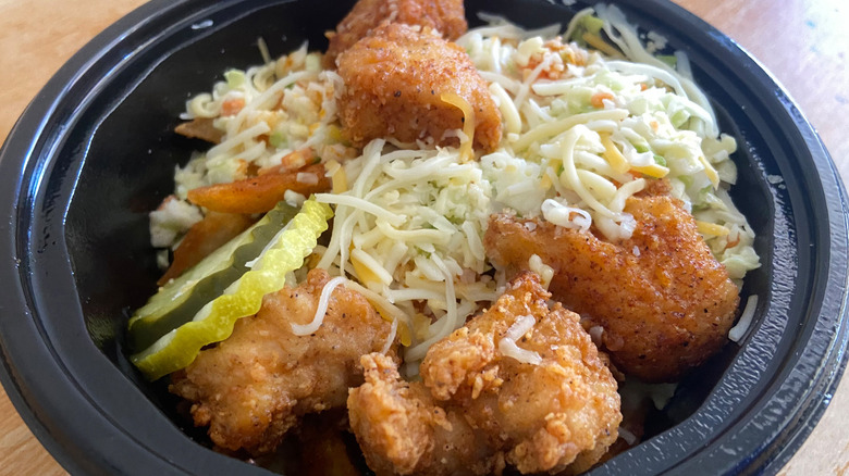 Close-up of a Nashville Hot Loaded Fries Bowl