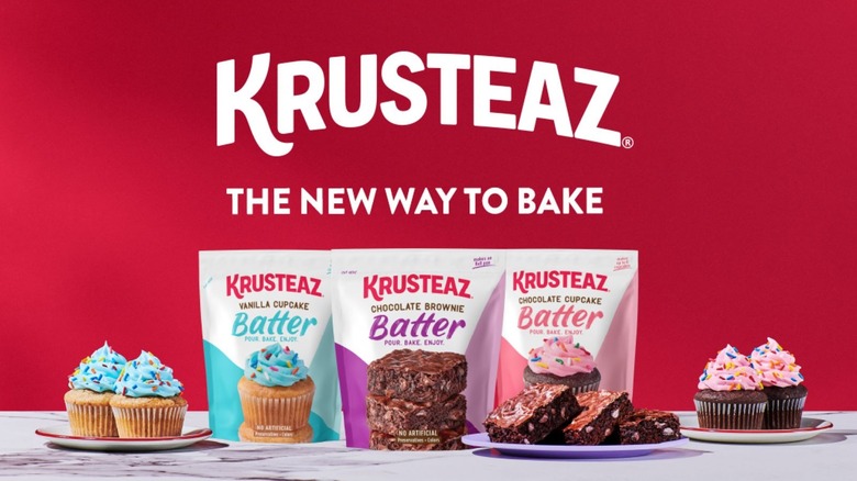 Krusteaz Batter pouches and baked goods on counter