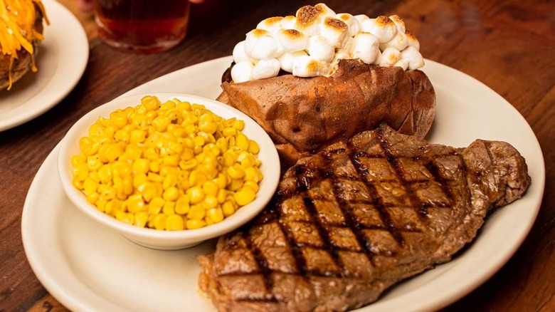  steak, sweet potato, and corn