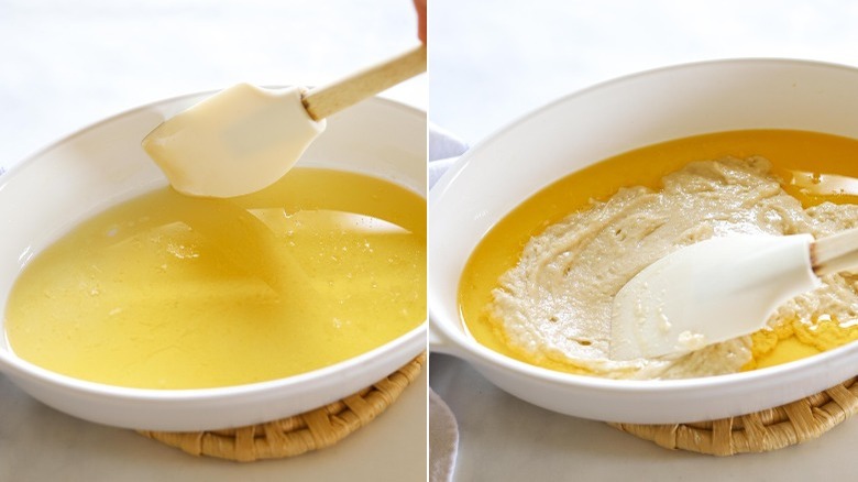 melted butter in baking dish