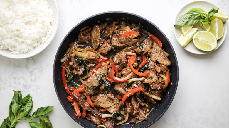 Thai basil beef with rice on side