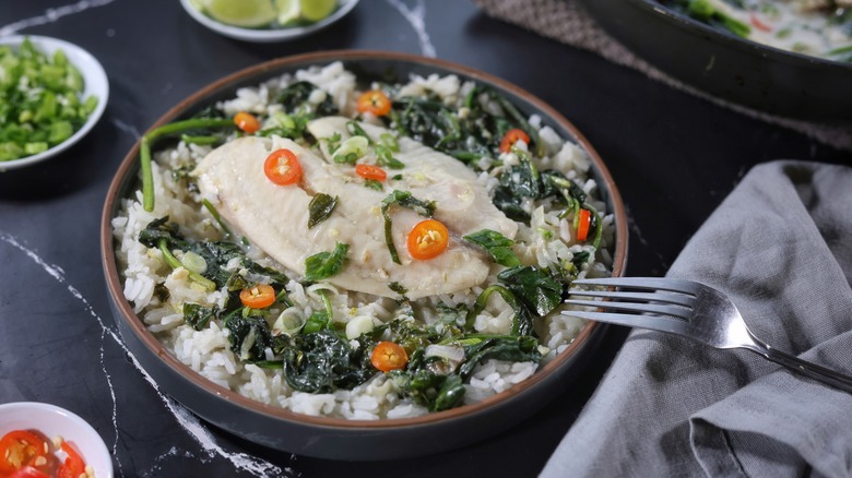 coconut-poached tilapia over rice