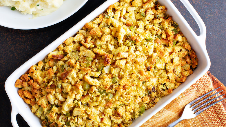 Thanksgiving stuffing in tray