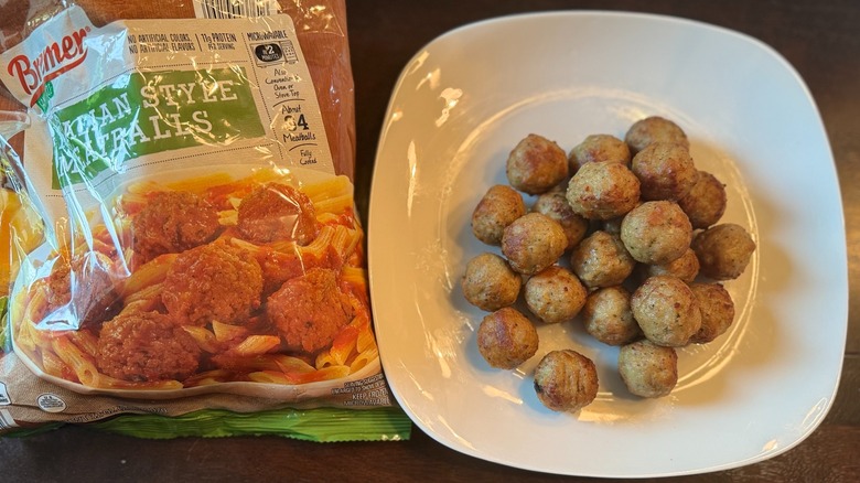 plate of Italian style meatballs with package to the left