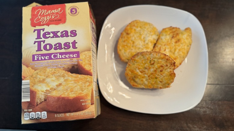 Mama Cozzi's Five Cheese Texas toast on a plate with package to the left