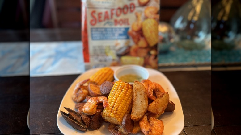 Seafood boil on a white plate