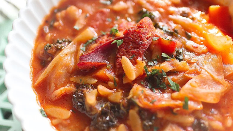 orzo, cabbage, and kale kielbasa stew