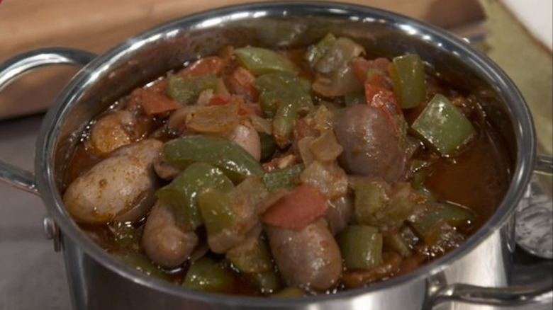 Pot of prepared rooster testicle stew