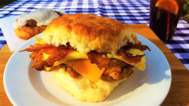 Breakfast biscuit sandwich picnic table