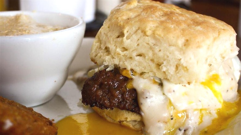 Biscuit breakfast sandwich with grits