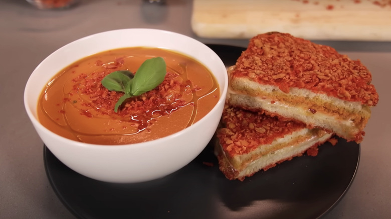 Grilled cheese and tomato soup made with Takis chips