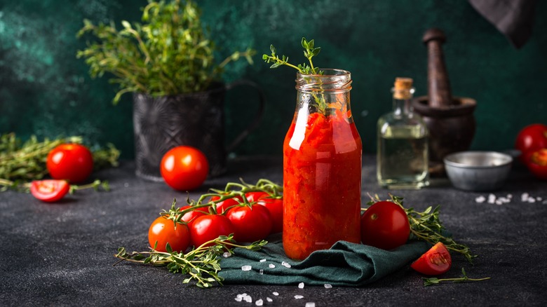 Glass jar of homemade marinara sauce