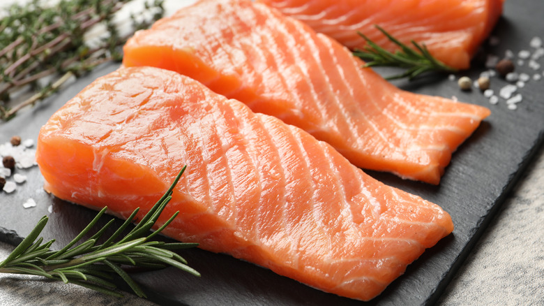 salmon fillets on slate