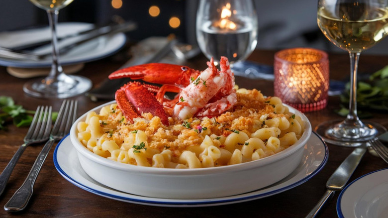 Bowl of lobster mac and cheese at restaurant