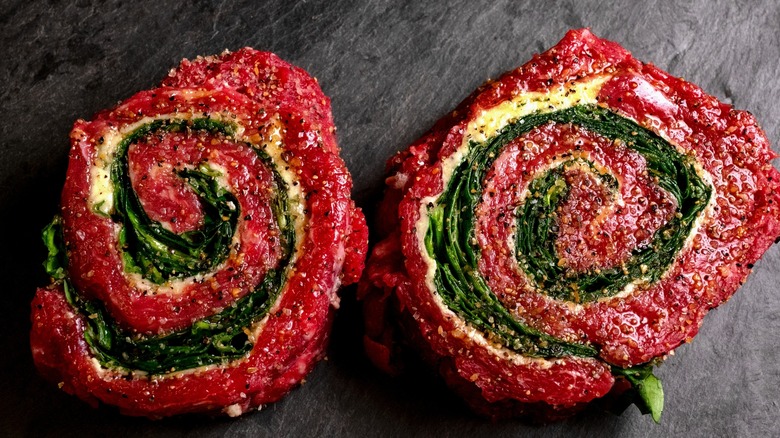 steak pinwheels with cheese and greens